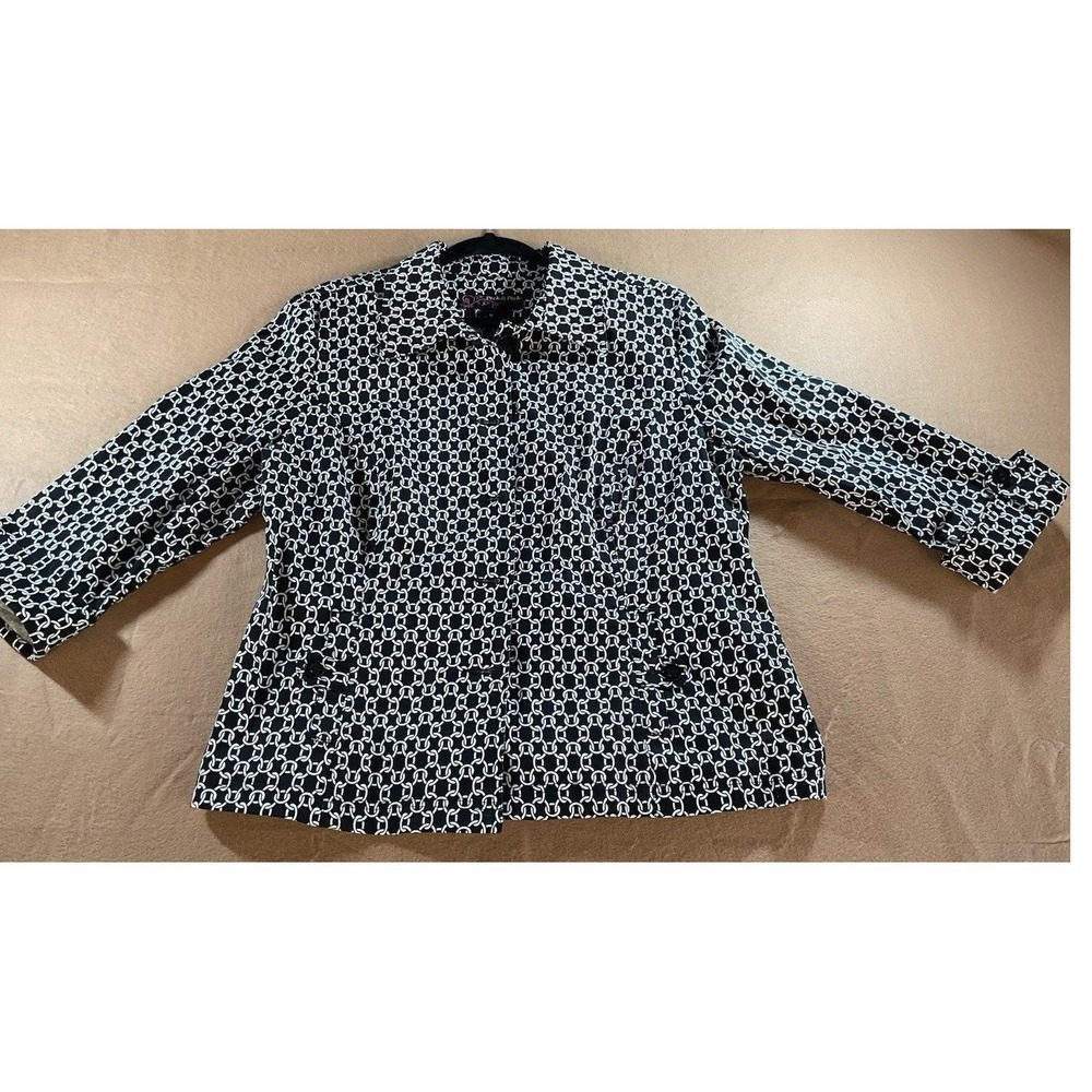 Peck & Peck Womens XL Black White Geometric Chain Link 3/4 Sleeve Button Jacket